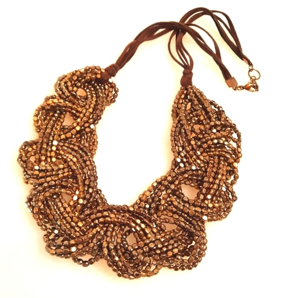 Chunky Brass Brutalist Braided Seed Bead Primitive Necklace Collar Choker Boho - Picture 1 of 12
